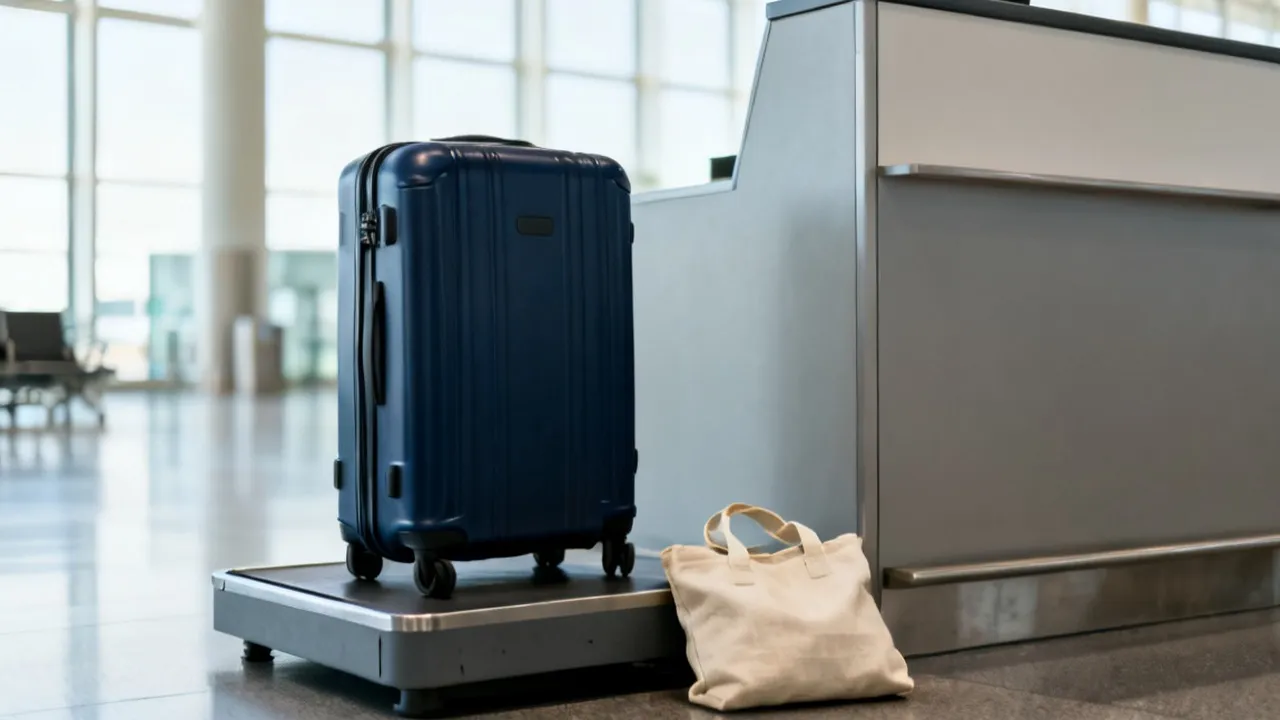 공항 체크인 카운터 옆 바닥의 수하물 저울 위에 짙은 남색 하드 캐리어가 세워져 있고, 옆에 작은 천 가방이 놓여 있으며, 뒤로 밝은 출발 로비가 흐리게 보이는 모습