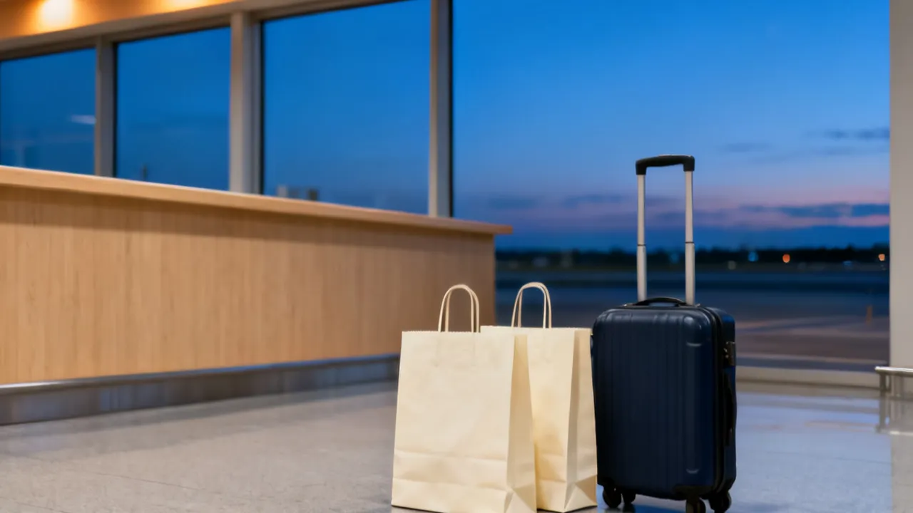 해 뜨기 전 푸른빛이 남은 공항 면세구역의 빈 나무 수령 창구 옆, 매끈한 회색 바닥 위에 아무것도 적히지 않은 크림색 종이 쇼핑백 두 개와 손잡이를 세운 남색 기내용 가방이 나란히 서 있고, 큰 창 너머로 새벽 하늘과 계류장이 흐리게 보이는 생성형 장면