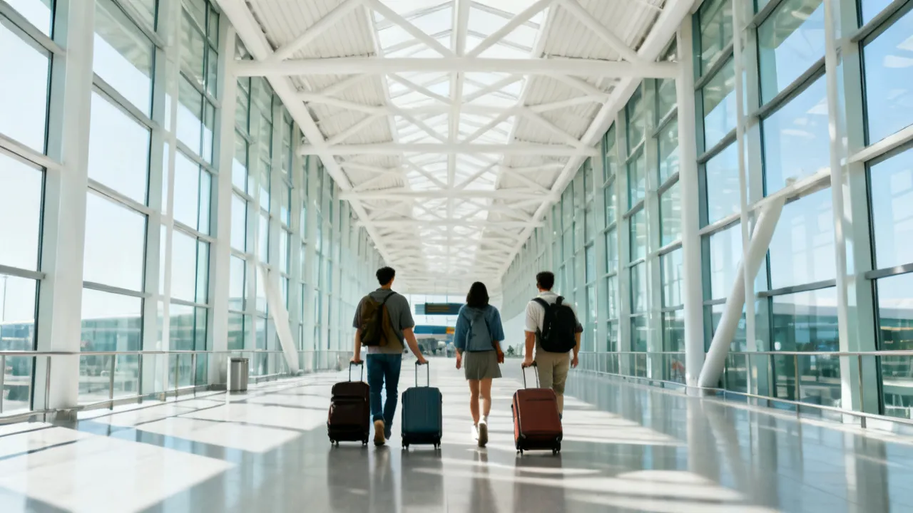유리 벽과 흰 철골 지붕이 이어진 밝은 공항 통로를 캐리어를 끌고 걸어가는 여행자 세 사람의 뒷모습