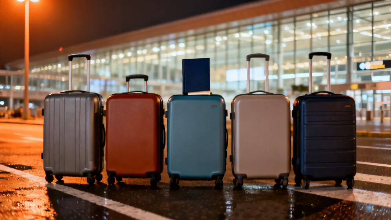 밤의 공항 출발 승강장 앞 젖은 길바닥에 회색·적갈색·청록색·베이지색·남색 캐리어 다섯 개가 나란히 서 있고, 가운데 청록색 캐리어 위에 표지에 아무것도 없는 남색 수첩이 놓였으며, 뒤로 불빛이 켜진 유리 터미널이 흐리게 보이는 모습
