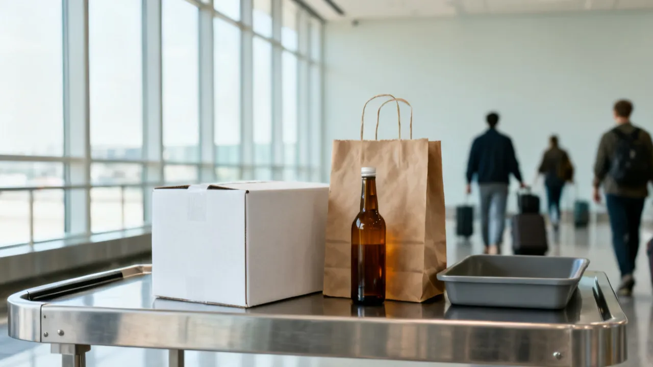 밝은 공항 도착장의 스테인리스 검사대 위에 무늬 없는 흰 종이 상자와 라벨 없는 갈색 유리병, 손잡이 달린 종이 쇼핑백, 회색 바구니가 놓여 있고, 뒤로 큰 유리창과 캐리어를 끄는 여행자들의 뒷모습이 흐리게 보이는 모습