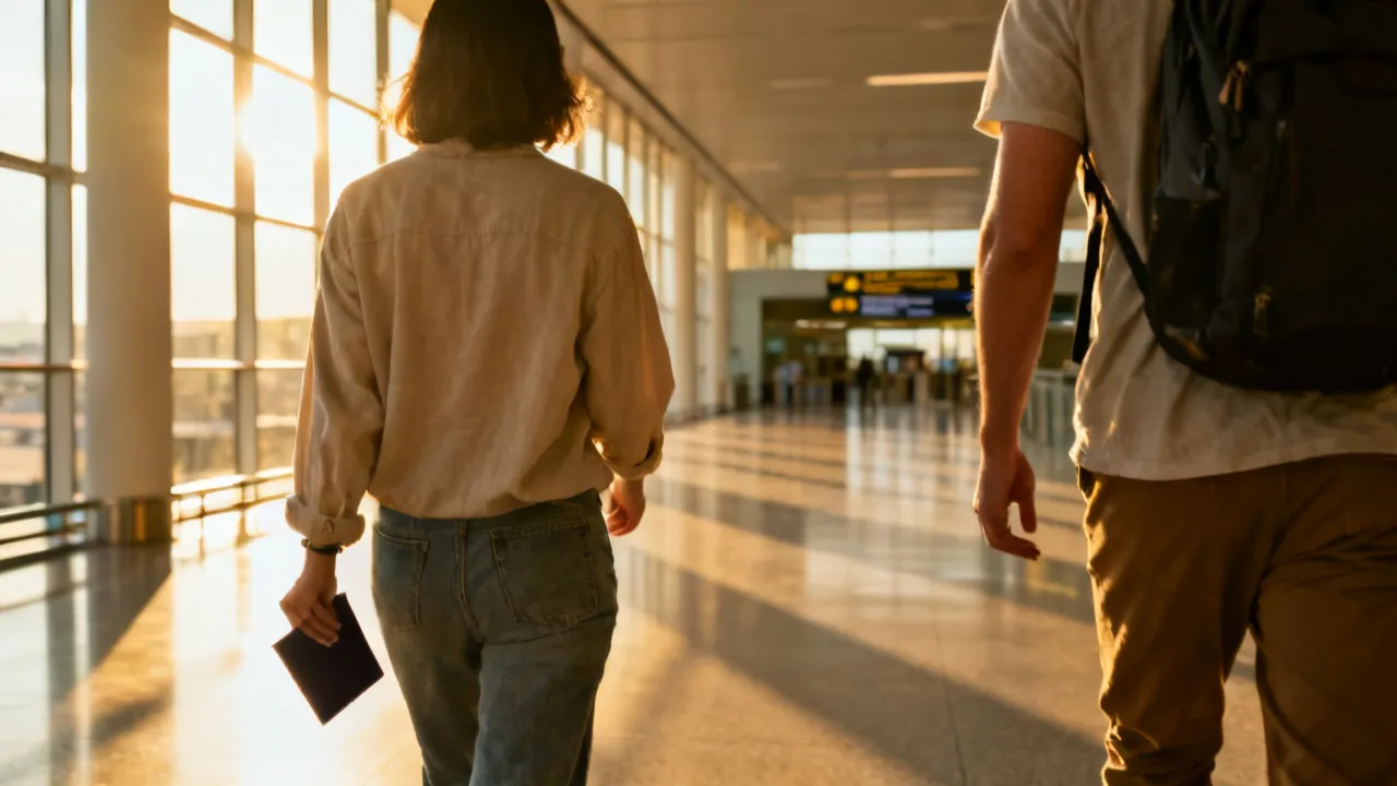 미국 공항 입국심사 구역으로 이어지는 통로를 여권을 들고 걸어가는 여행자들